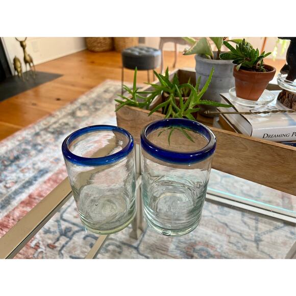 Vintage Mexican Hand Blown Cobalt Blue-Rimmed Glasses / Juice Water Glass - Picture 2 of 10